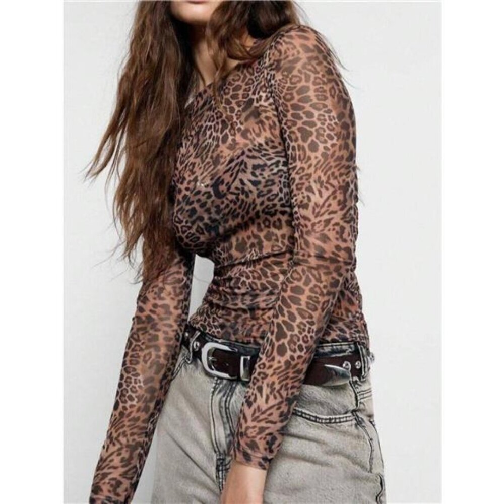 Sheer Leopard Print Long Sleeve Blouse